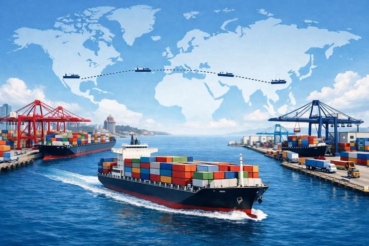 Container ship and port cranes
